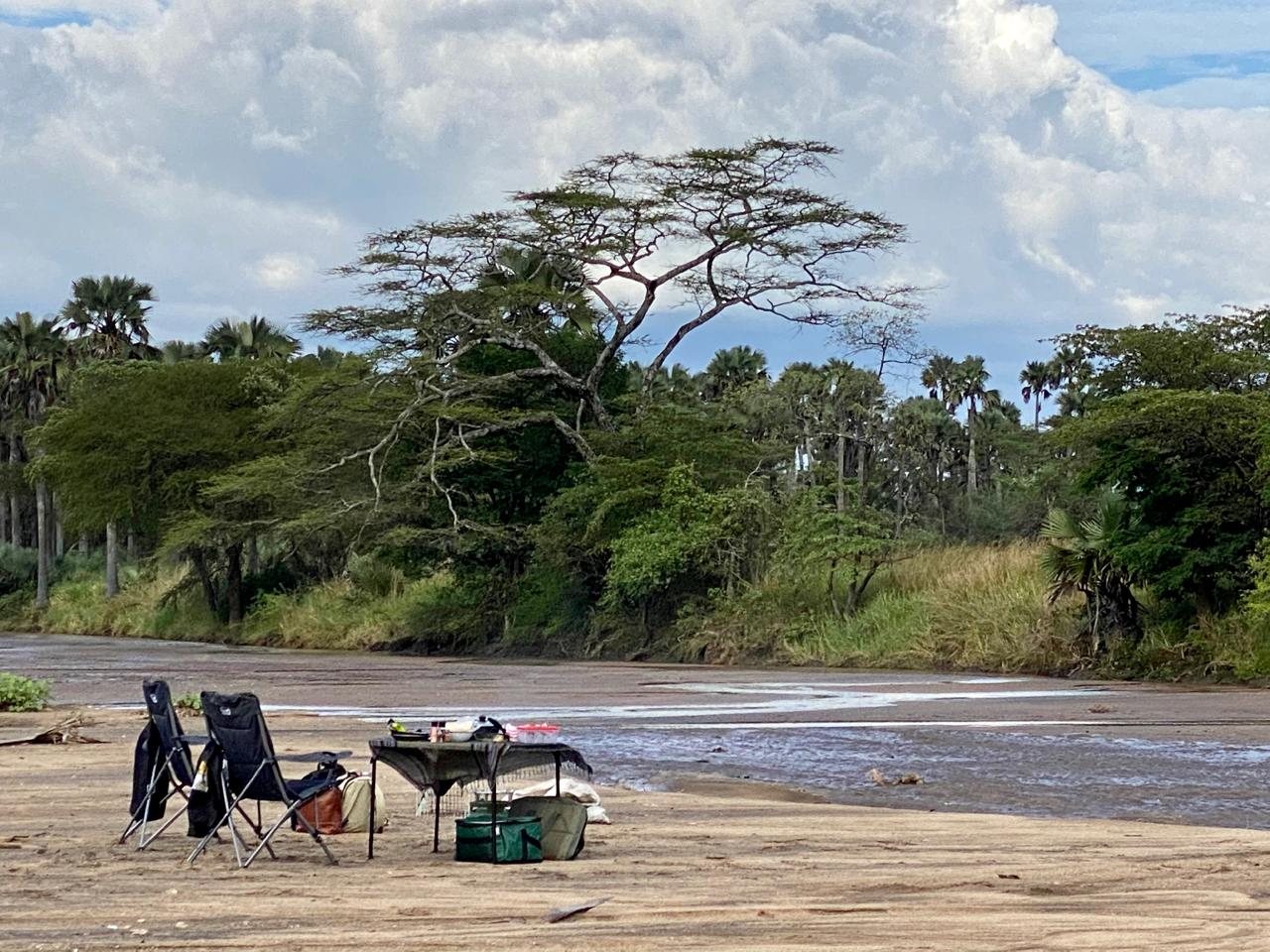 Camp chairs and a table set out on a sandy riverbed under acacias